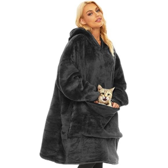 Wearable Blanket Hoodie, Oversized Fleece Hoodie with Giant Front Pocket, Black - Picture 1 of 6